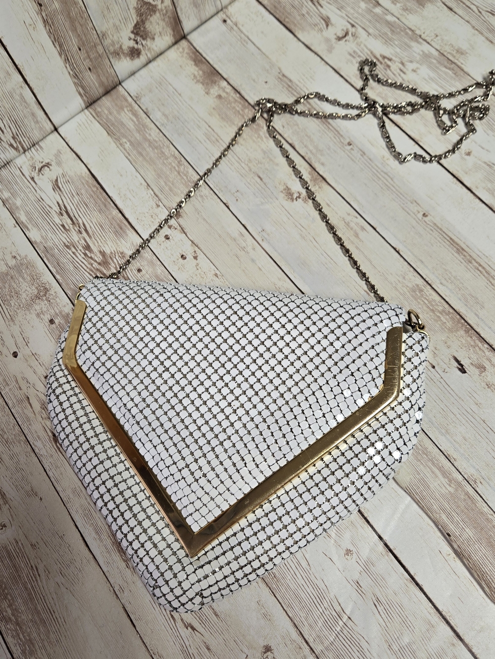 Vintage White Aluminum Mesh Evening Bag Gold Tone Chain Purse